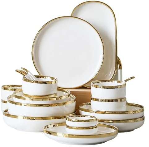 HWJFDC Juego de Vajilla Juego de vajilla de Porcelana Blanca Brillante Dorada, Juego de Platos y Cuencos de cerámica, vajilla de Porcelana for el hogar y el Hotel(Bright 1 People Set)