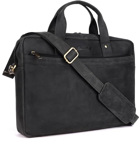 Benthill laptopväska äkta läder I portfölj för laptop I axelväska för notebook I dam och herr väska I äkta läder notebookväska, Svart (H), 39 x 31 x 15 cm