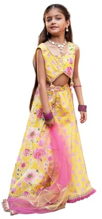 Pspeaches Ärmlöst 3-delat bomullsset med rund hals och stövletter, tryck Lehenga och Choli med dupatta | etniska kläder för flickor | traditionell och festlig kostym, gul, 6–7