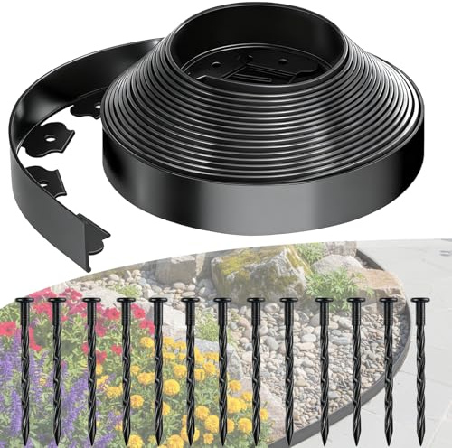 SdreMelo Flexible Lawn Edging Border 19.7ft I 6M Plastic Lawn Garden Edging Border with 5cm High, 50Pcs Reinforced Securing Pegs Grass Path Edging for Grass Edging, Lawns Yard Pathway (19.7ft I 6M)