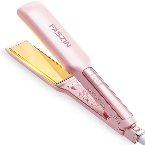 Piastra per Capelli Professionale Faszin, Piastre in Titanio Larghe 42mm con Ioni Negativi, Riscaldamento Rapido 30s, Display Temperatura, 11 Livelli di Temperatura (130-230℃)(Rosa)