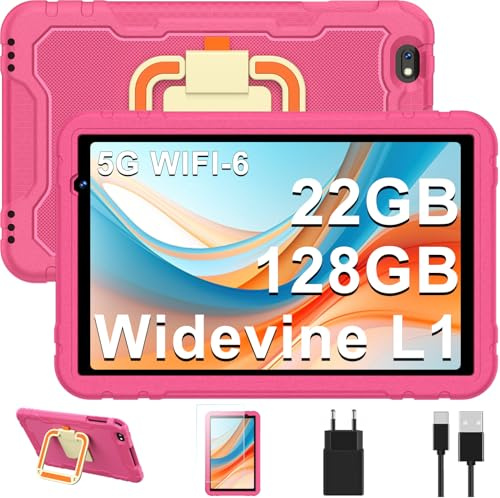 Tablet bambini 10 pollici Android 14 tablets, Octa-Core, 22 + 128GB (TF 1TB), Controllo Parentale, 8000mAH, Widevine L1, 5G WiFi6, BT 5.0, 5+8MP, EVA custodia protettiva resistente agli urti.(Rosa)