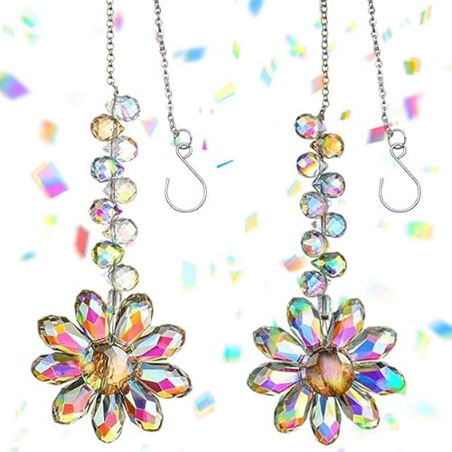 JYNVO 2 Attrapes Soleil en Cristal, Fleur Multicolore avec Perles Chakra, Décoration Lichtfang pour Fenêtre & Jardin