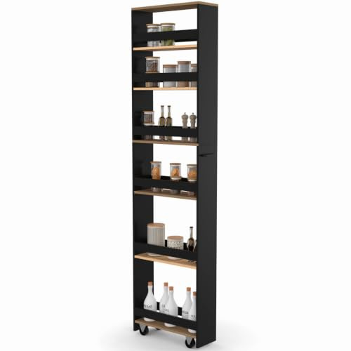 IDMarket - Desserte de cuisine HAGA 6 étages noir et bois façon hêtre | Chariot de rangement, range épices, gain de place, noir et bois, 6 étages
