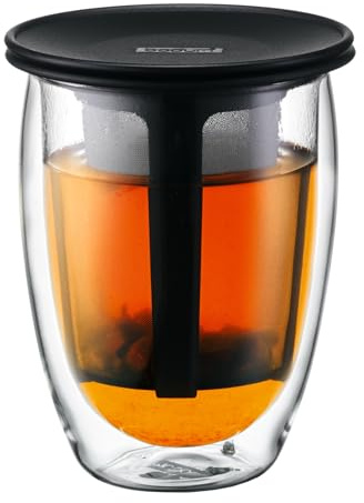 Bodum 12oz Tea Strainer w/Lid, Double Wall, High-Heat Borosilicate Glass, Black