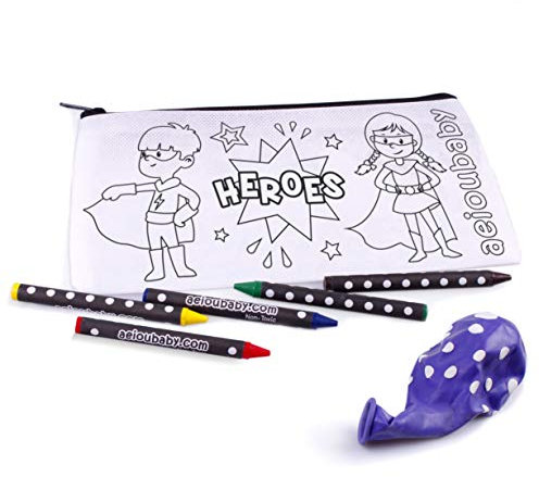 aeioubaby.com 10 Federmäppchen zum Ausmalen | 10 einzelne Taschen mit 5 bunten Wachsmalstiften und Luftballon | Geschenk Kinder auf Festen und Geburtstagen
