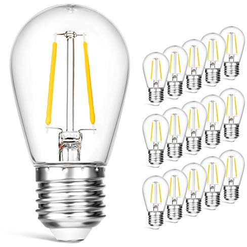 VISTERLITE - Juego de 15 bombillas LED S14 de repuesto para exteriores, 2700 K, 2 W, plástico LED E26, base de rosca media, equivalente a 11 – 25 W