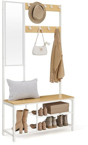 VASAGLE Garderobenständer, Garderobe mit Haken, Kleiderständer mit Spiegel, Schuhbank und Ablagen, 36 x 98 x 185 cm, für Flur, Schlafzimmer, Wohnzimmer, eichenfarben-weiß HSR050W09