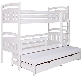 KEF Maja Etagenbett Kinder 80x180 cm - Etagenbett 3 Personen - Holz Kinderbett - für DREI Kinder - mit Schubladen - Ausziehbares Drittes Bett - ohne Matratze - Weiß