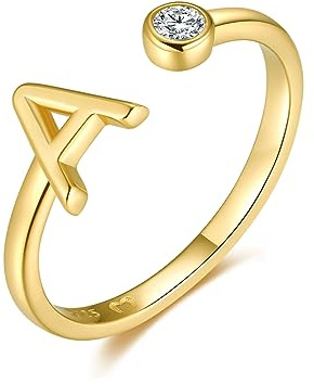 MARLION JEWELS Anillo abierto de mujer en plata de ley con tu letra inicial y una circonita blanca. Anillo plata mujer con acabado plateado o dorado. Joyería ideal para parejas, amigas.