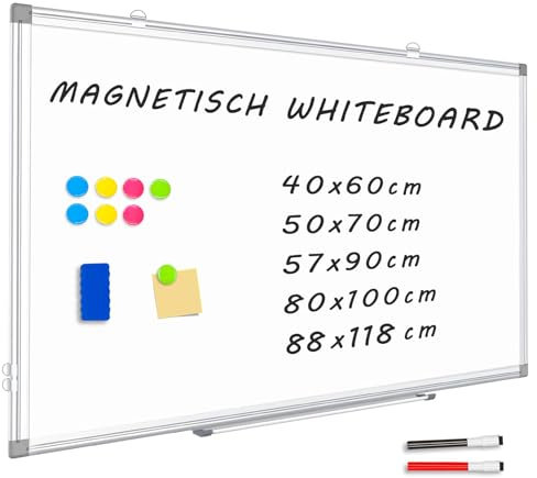 QUEENLINK Whiteboard Magnetisch, Magnettafel mit Aluminiumrahmen, 80×100cm Magnetwand White Board mit Stiftablage und Haken
