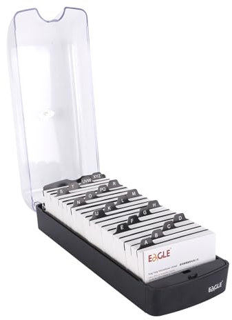 Eagle Visitenkartenbox für 650 Visitenkarten mit A-Z Register Visitenkartenhalter Organizer Box Schreibtisch, transparent Schwarz