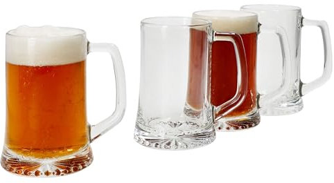 MamboCat Lot de 4 chopes à bière Artisan - 250 ml - Hauteur 12,3 cm - Pour 4 personnes - En verre avec fond étoilé et anse - Verres à bière transparents de 0,25 l - Chope à bière pour fêtes,