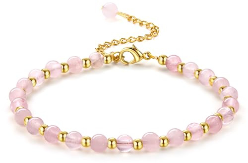 Adramata Pierre Naturelle Bracelet en Acier Inoxydable et Cristal - Perles 5MM et 3MM, Plaqué Or, Style Bohème pour Femme - Cadeau