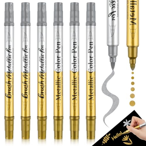 Tikplus Metallic Stifte Set 6 Stück, Dual Tip Gold Silber Stift, Goldstift zum Schreiben, Wasserfest Permanente Acrylmarker Steine Bemalen Stifte für Steine, Keramik, Glas, Holz, Metall, Scrapbook