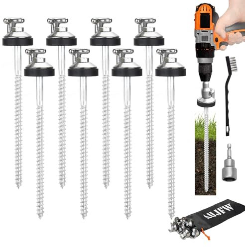 8 Pcs 10 Drillable Tent Stakes, Long Hook Top Packs Tent Stakes, Heavy Duty Hardened Steel Ground Pegs for Grassland Garden Tents Canopies Awnings Camping Travel (Hex Tool and Storage Bag)