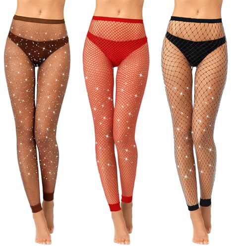 Geyoga 3 Collants en Résille Taille Haute Noirs avec Strass sans Pieds(Noir, rouge, café,M)