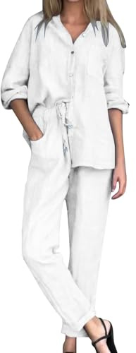 Conjunto de dos piezas de lino para mujer, camisas de manga larga con botones y pantalones de pierna ancha, pantalones de descanso, conjunto de traje de playa, chándales para salir de vacaciones