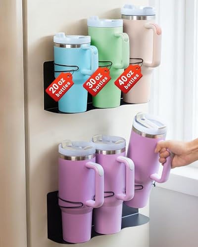 Magnetic Cup Holder for Fridge, 2 Pack Water Bottle Organizer for Stanley Cup Accessories 20/30/40 oz, Wall Mount Tumbler Organizer for Space-Saving Kitchen Pantry Cabinet Storage-Black