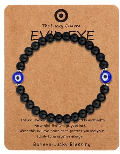 BOXOB Evil Eye Bracelet, Beaded Good Luck Charm Protection Gift Stack Jewelry for Men & Women Elastic String Spiritual Bracelet for Birthday or Anniversary ﻿