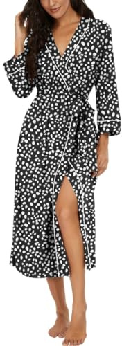 PrinStory Badrockar för kvinnor, lätt kimono, kläder, 3/4 ärmar, damer, morgonrockar, långa nattkläder, ledig, loungewear, basturock, Spot svart, M