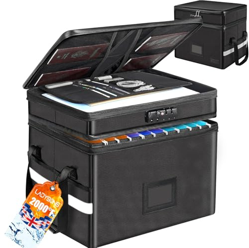 Fireproof Document Box with Lock, 2-Layer File Box for Documents with Handle, Portable Office Collapsible File Storage for Hanging Letters, Legal Size Folder, Certificate(Black, 13.6x15.6x12.2in)