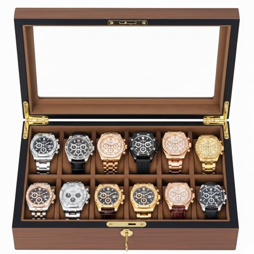 Craftilux Premium Watch Case with Key Lock - 12 Slots Wooden Watch Box with Glass Lid - Luxury Watch Holder Organizer for Men & Women's Jewelry Display - Ideal Gift for Watch Display & Storage