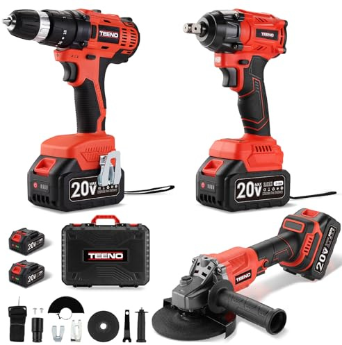 TEENO 20V Kit di 3 utensili elettrici avvitatore a impatto a batteria senza spazzole, trapano a percussione, smerigliatrice angolare senza spazzole, Batterie 2x 3,0 Ah