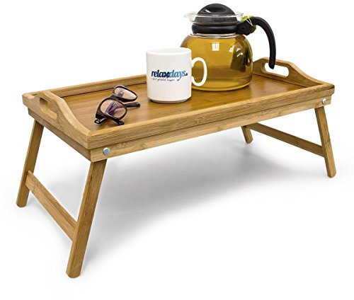 Intriom bambù pieghevole bambù vassoio da letto: vassoio per servire la colazione a letto o da usare come un computer portatile, vassoio per snack o piatto da portata