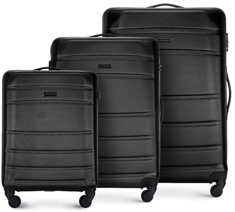 WITTCHEN Globe Line Reisekoffer 3teiliges Kofferset Rollkoffer Trolley Handgepäck Hartschale aus ABS 4 Rollen Zahlenschloss Teleskopgriff Schwarz Lufthansa/Eurowings/Ryanair/Condor/DiscoverAirlines
