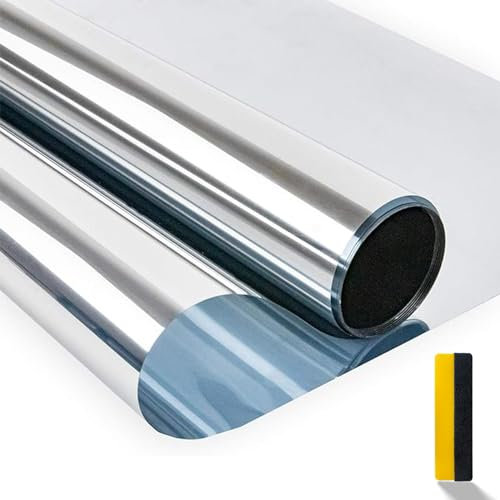 Zindoo Pellicola a specchio per finestre, trasparente dall'interno, opaca dall’esterno, autoadesiva, protezione solare e protezione UV, colore argento, 59,5 x 200 cm