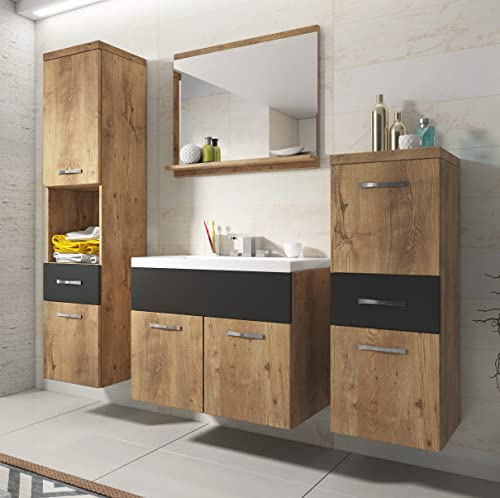 PIASKI Conjunto de Muebles de Baño Alba Colgante con Lavabo, Tablero Laminado MDF, Armario Alto, Armario Mediano, Espejo con Estantería, Castaño Negro Mate, 6 Piezas