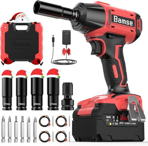 Bamse Llave de Impacto sin Escobillas, Pistola de Impacto Bateria 550Nm con 4,0Ah Batería 21V, 1/2 Pulgada, 3 Velocidad Variable, 4 Vasos, 6 Brocas, 1 Adaptador Hexagonal para Coche y el Hogar