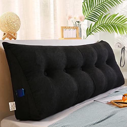 Raktov Dreieckiges Kopfteilkissen mit abnehmbarem Bezug, Polster mit Holzrücken, dreieckiges Lesekissen, einfarbiges Keil-Kopfteilkissen für Bett, Sofa, Schlafzimmer, 180 x 50 x 20 cm, Schwarz