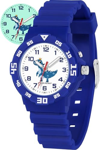 TENOCK Kinder Lernuhr Dinosaurier mit Nachtlicht für Jungen 30M wasserdichte Armbanduhren für Kinder von 4-12 Jahren Geschenk für Geburtstage/Ostern/Kindertag/Weihnachten/Neujahr Blau