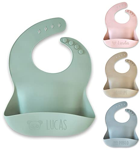 bienpegado Babero personalizado de silicona con nombre bebé Texto grabado en silicona ultra resistente, con bandeja receptora de comida. Resistente al lavavajillas. (Azul oceano)