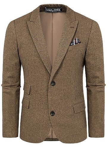 PJ PAUL JONES Herren Vintage Fischgrätenmuster Tweed Blazer Britische Wollmischung Sport Mantel Jacke, Kaffee Hahnentritt, L