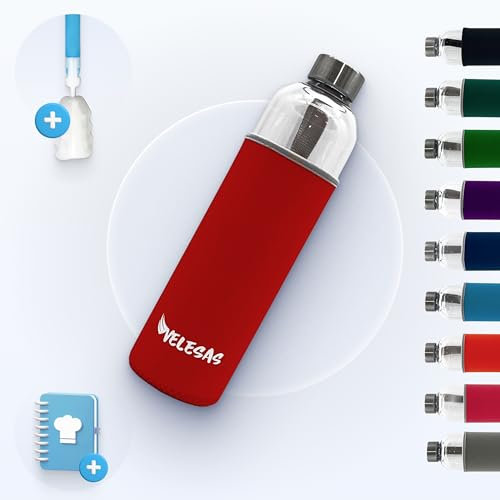 Velesas® Trinkflasche 1l | 500ml mit Schutzhülle | Glasflasche 1l spülmaschinenfest mit Neoprenhülle und Edelstahldeckel | Wasserflasche für Schule, Arbeit, Fitnesssport, BPA-Frei | Rot