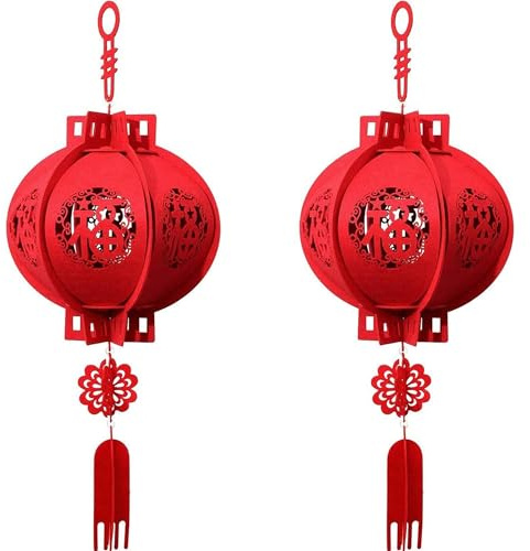 2 Pack Red Lanterns Chinese New Year Lucky Fu 3D Puzzle Lantern Festival Celebration Lantern Chinese Spring Festival Decorations, Chinese Hanging Palace Lanterns
