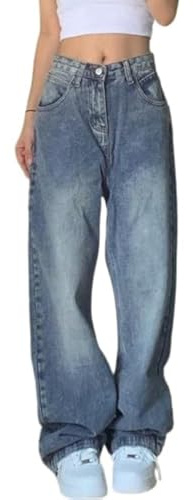EMMIOL Baggy Jeans for Women Mid-Low Waist Streetwear Jeans Wide Leg Denim Pants Blue,L