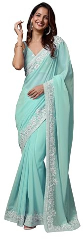 TRENDMALLS Sari en georgette brodé avec chemisier non cousu pour femme, Turquoise, taille unique