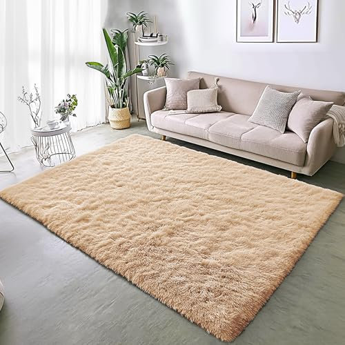 BSGIFT Flauschiger Hochflor Teppich Beige 140x200 - Teppich rutschfest für Wohnzimmer Schlafzimmer Kinderzimmer - Modern Wohnzimmerteppich Bettvorleger, Shaggy Langflor Fellteppich
