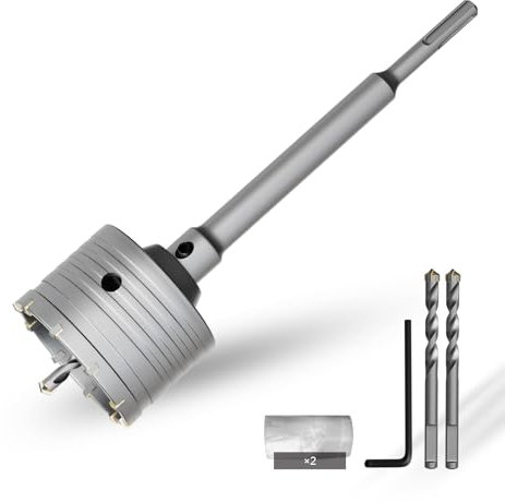 CSOOM Sierra perforadora de hormigón de 82 mm con extensión SDS-Plus de 220 mm, juego de sierras perforadoras para hormigón, juego de 4 brocas de centrado de 8 x 110 mm, punta de metal duro, 2 brocas