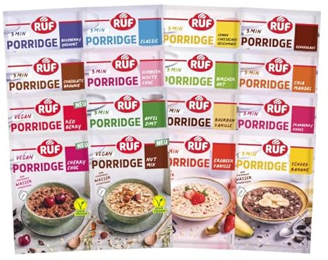 RUF Probier Set Porridge Alle Sorten (16 Stück) 1 x 16 verschiedene Sorten Instant Haferbrei für ein schnelles und gesundes Frühstück, 16 x 65g Beutel