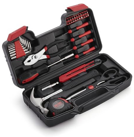 ALFKET Boîte à Outils 39 Pièces, Mallette à Kit Outils avec Boîte et Portable avec Pince Marteau Tournevis, Kit de Bricolage Convient aux réparations Domestiques à Assemblage de à Entretien, Rouge