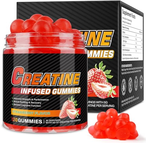 120 Creatin Ultra Gummis, Kreatin Gummibärchen 5000 mg, Kreatin-Monohydrat-Gummis mit B12 und L-Taurin, Fitness-Ergänzung, Zuckerfrei, Vegan, Erdbeergeschmack (120pc)