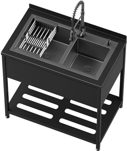 Stainless Steel Utility Sink,36.6 × 22.2 × 38.9,2 Compartment Sink Freestanding Commercial Sink,with Cold and Hot Water Faucet,Hoses and Drain Kit,Freestanding Sink for Kitchens, Bathrooms, Garage