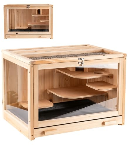 RUNSHED Hamster Cage Wooden Chew Proof, Large Hamster Cages and Habitats, Openable Top with Acrylic Sheets, Solid Built Small Animal Cage,Easy to Assemble