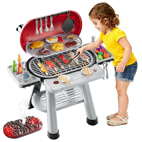 CATCHLUCK Kids BBQ Grill Playset, Kitchen Set for Kids Toy Grill Cooking Set with Sound, Lights & Spray, Play Grill Included Cookware, Kids Kitchen Toy Accessories, Play Food