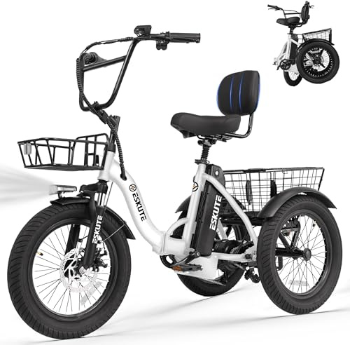 T300 Adult Electric Trike Bike 1200W High-Power Motor & 624Wh Removable Battery 18x3.0 Fat Tire Foldable 3-Wheel E-Bike Step-Thru Design, Up to 65 Miles, 18MPH Assisted Pedalling White